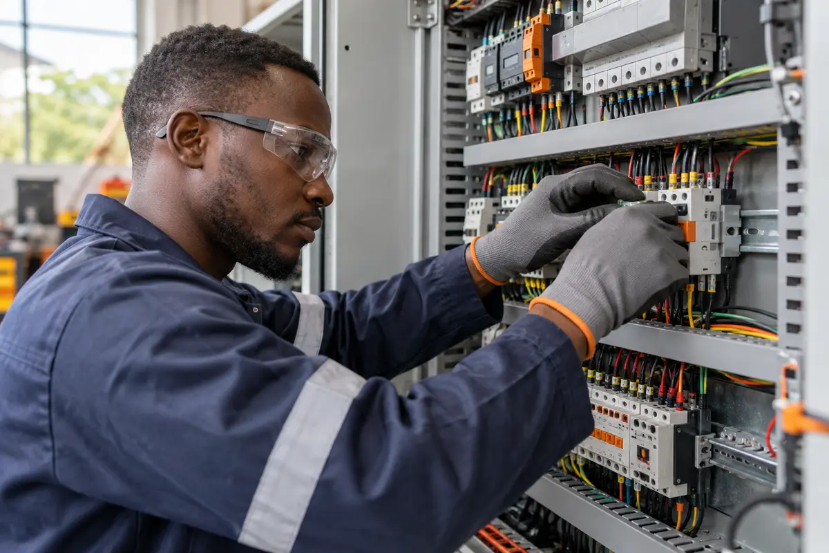 Amplivolt electrical technician working on a control panel